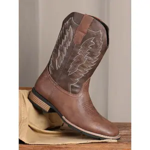 Men’s Denim Ankle Boots – Classic Embroidered Slip-On Square Toe, Short Ankle Height, Suitable for Spring and Autumn, Durable Casual Footwear