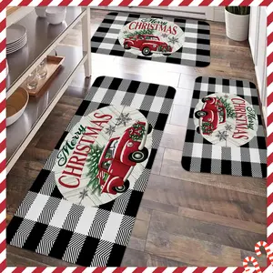 2/3pcs Christmas Kitchen Carpet Floor Mat, Retro Buffalo Grid, Christmas Tree Pattern Anti slip Floor Mat, flannel Christmas Happy Floor Mat, Suitable for Kitchen, Entrance Door, Laundry Room, Bathroom, Living Room, Room Christmas Decoration Floor Mat