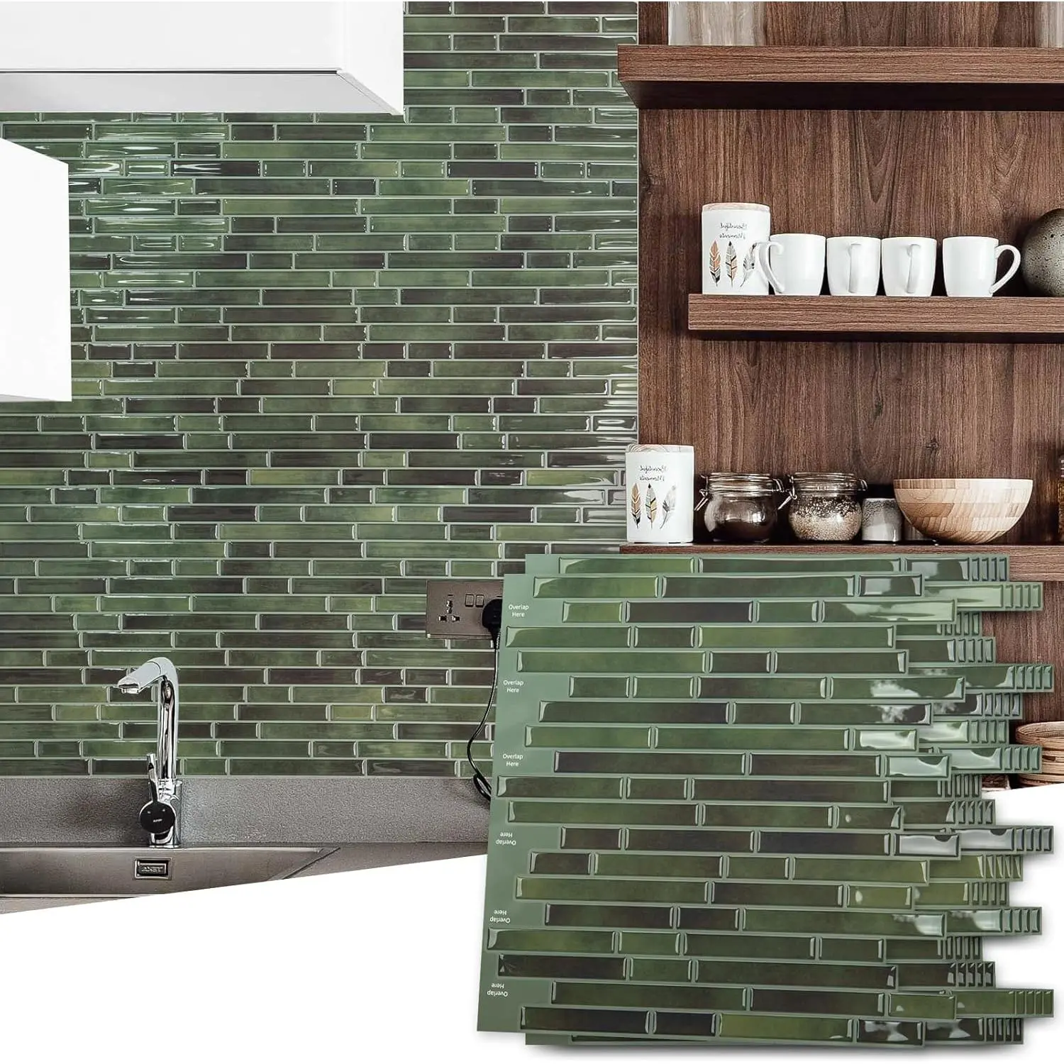 10-Sheet Peel and Stick Backsplash Tile for Kitchen - 12"x12" Stick on Wall Tile for Kitchen Bathroom Countertop Living Room, Green