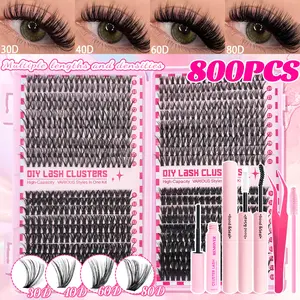 800Pcs/200Pcs Eyelash Clusters Kit, Eyelash Extensions, Eyelash Glue Extension, 30D+40D+50D+60D DIY Eyelashes with Bond and Seal, Tweezers, Remover, Brush, Mixed Lengths 9-16mm D-Curl Natural Look Lash, Individual Eyelashes for Beginners