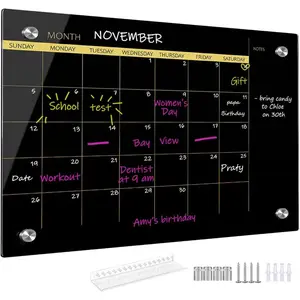 Glass Dry Erase Whiteboard,Monthly Calendar Whiteboard,18" x 24",Frameless Glass White Board for ,School,Office,Blace Surface(GlassA-BK-4560)