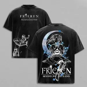 Frieren Beyond Journey's End Anime Graphic Tee Vintage Acid Wash Oversized T-Shirt Unisex Streetwear Manga Clothes Crescent Moon Floral Elf Mage Apparel Y2K Fantasy Top For Men Women Gamer Gift Aesthetic Retro Shirt Trendy Cosplay Anime Merch