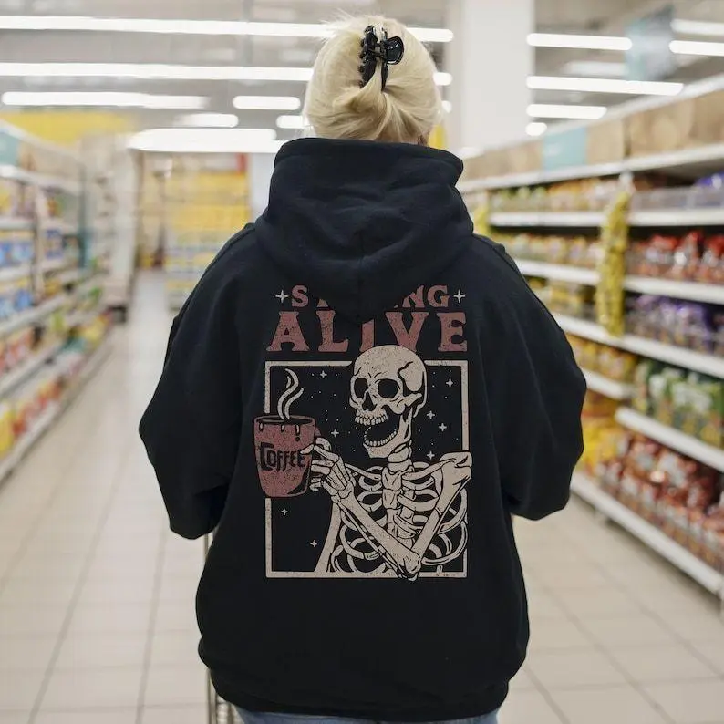 Staying Alive Coffee Skeleton Hoodie, Funny Skeleton Sweatshirt, Halloween Vintage Sweater for Women, Oversized Unisex Hoodie Cotton Fabric coffee sweatshirt