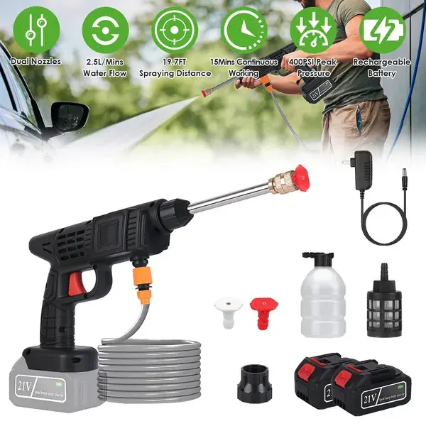 Cordless Pressure Washer Portable Electric Power Washer High Pressure Water Sprayer 400PSI Car Washer Cleaner with 0 °   & 40 °   Nozzle Foam Bottle Filter 1200mAh 21V Battery and Charger