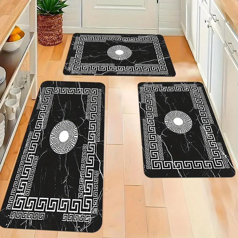 Black-White Marble Lines Rectangular Kitchen Mat Set, 2/3-Piece Soft Flannel Floor Rug, Machine-Washable Easy-Clean for Kitchen, Bathroom Decor