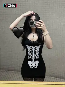 Women's Skull Print Slim Fit Bodycon Spaghetti Strap Knit Dress, Sexy Backless Summer, Casual Fashion for Parties & Daily Wear, Skeleton, Womenswear