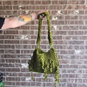 Mossy Bog Witch Crochet Handmade Purse Shoulder Bag - Unique Handcrafted Green Fringe Design for Stylish Everyday Use