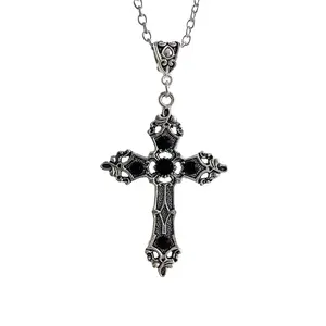 Vintage Gemstones Cross Necklace Light Luxury Women Clavicle Chain Punk Gothic