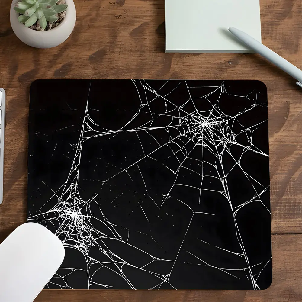 Black-White Spider Web Pattern Style Square Mouse Pad, Dark Gothic Design Desktop Non-Slip Pad, Rubber Non-Slip Lock Edge Waterproof Small Size Pad, Dark Style Gift For Family And Friends, Desk Accessories