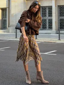 Women's Spring Summer Fashion Retro Vintage Plaid Print Midi Skirt, High Waist A-Line Asymmetrical Hem, Elegant Vacation Style, Casual Daily Wear, High Waisted Skirt