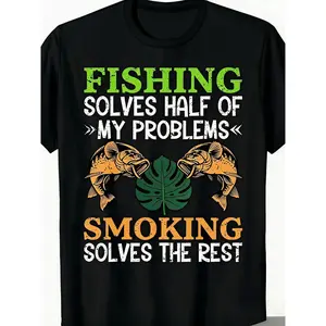 MenS Casual T-Shirt with Smoking Fish & Weed Graphic - 420 Day Design, Round Neck, Short Sleeve, Regular Fit, All-Season Wear, Everyday Tshirt Humorous Graphic Tee Tshirt
