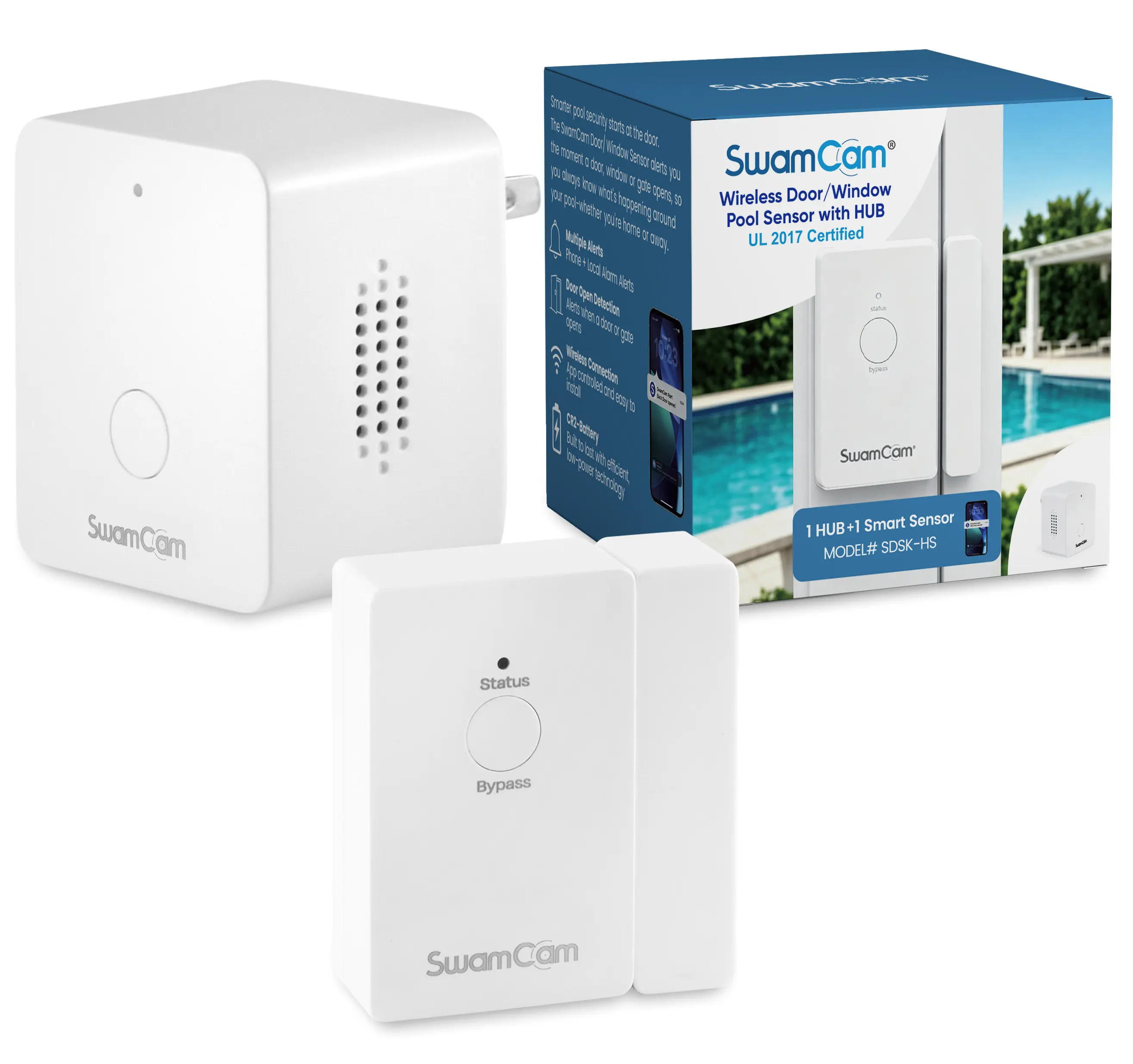 SwamCam Door & Window Sensor Pool Alarm with Hub/Certified to UL2017 Standard/ Safety for Pool Gates & All Doors