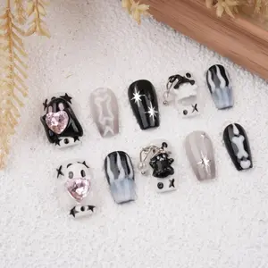 Black and White Halloween Press On Nails with 3D Ghost Charms,Hand-Drawn Flame,Star,Skeleton Bones,Cute Spooky Party Short Manicure,Birthday Gifts