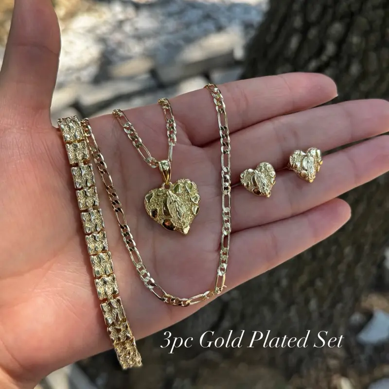 Virgencita Nugget Gold Plated 3pc Set- Necklace, Earrings and Bracelet