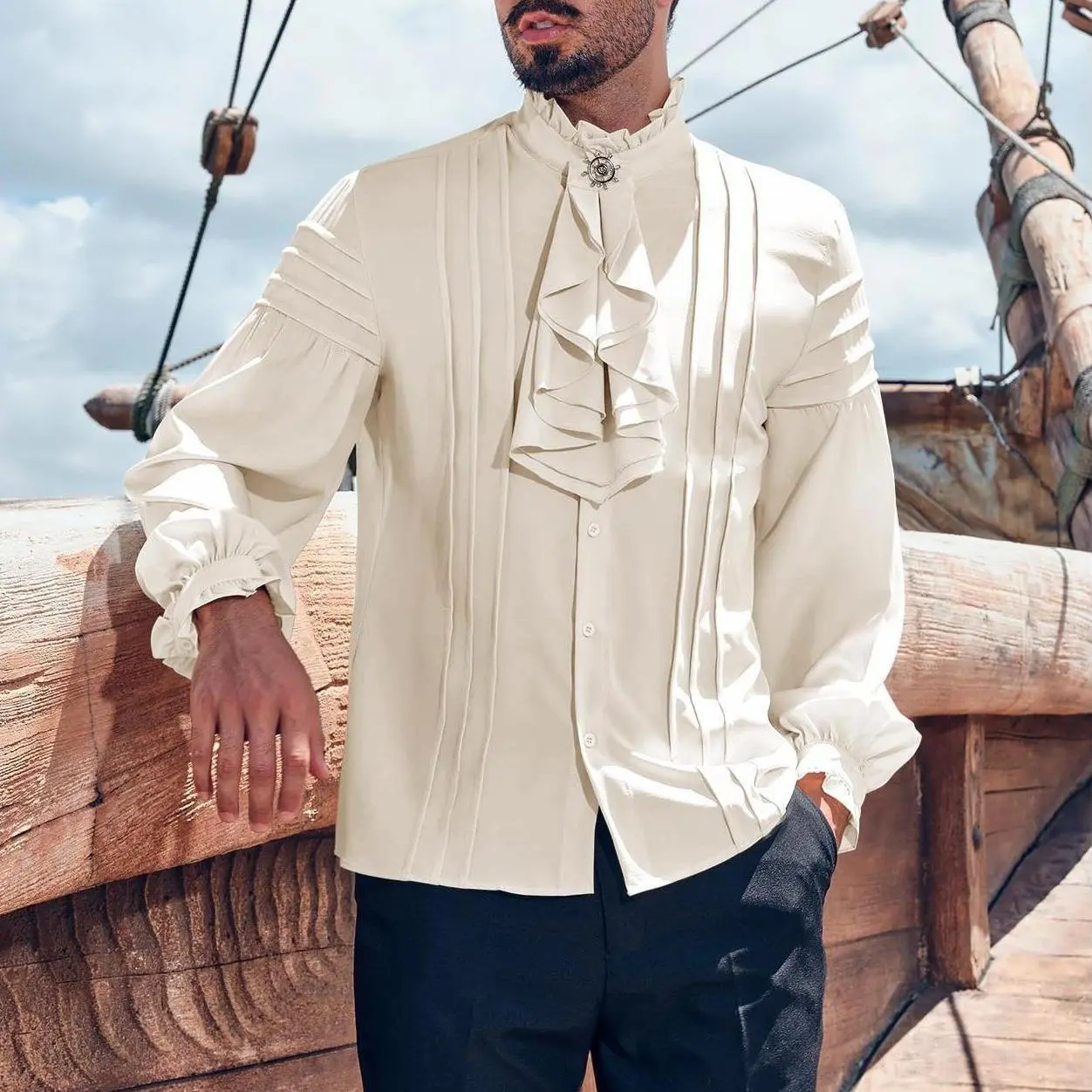 PASLTER Mens Pirate Medieval Shirts Ruffle Steampunk Victorian Cosplay Costume Gothic Renaissance Shirt Viking Tops