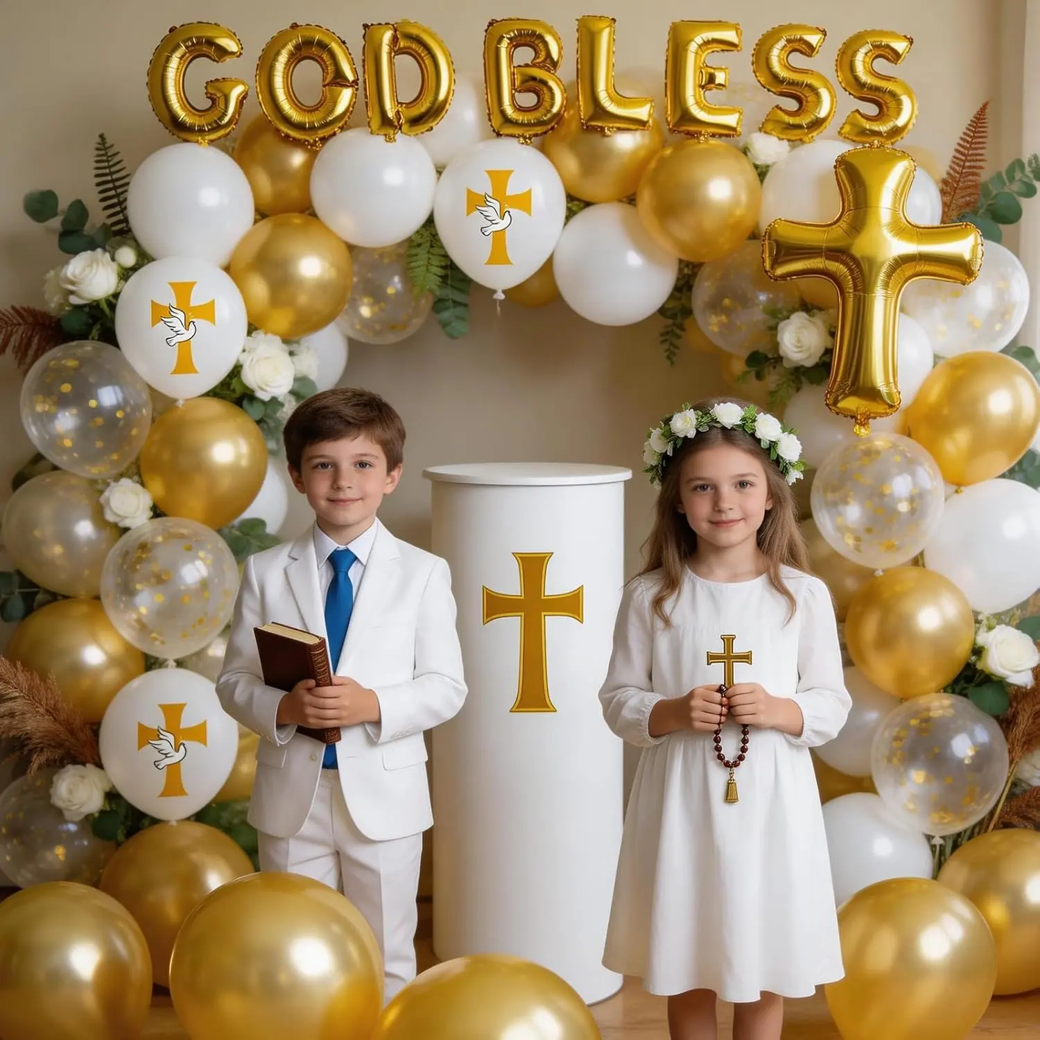 165 Pcs First Holy Communion Balloon Garland Arch Kit, White Gold Cross God Bless Foil Balloon For Baptism, Christening, Mi Prima Comunión, Bautizo Party Decorations