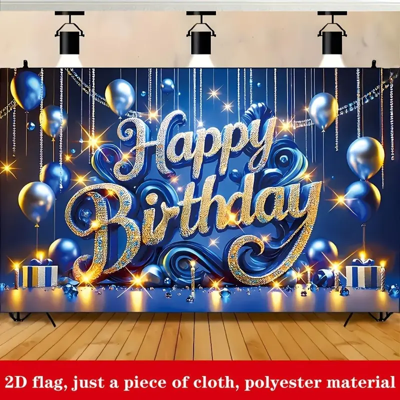 Blue 1pc Birthday Banner - 2D Polyester Party Decoration with "Happy Birthday" Text, Balloons, Gift Boxes & Sparkling Stars for Family Celebrations, 70.8in x 43.3in, Golden, Birthday Party Decorations Ornaments