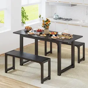 Gizoon 63” Kitchen Table Sets with 2 Benches Extendable Dining Table Set for Small Spaces Dining Room Table 4 Set Chairs for Kitchen Apartment Outdoor and Home Office,Black