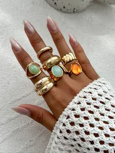 7-Piece Vintage European Style Gemstone Embedded Ring Set, Irregular Thick Metal for Ladies Parties and Daily Wear, Statement Rings, Statement Multi Ring
