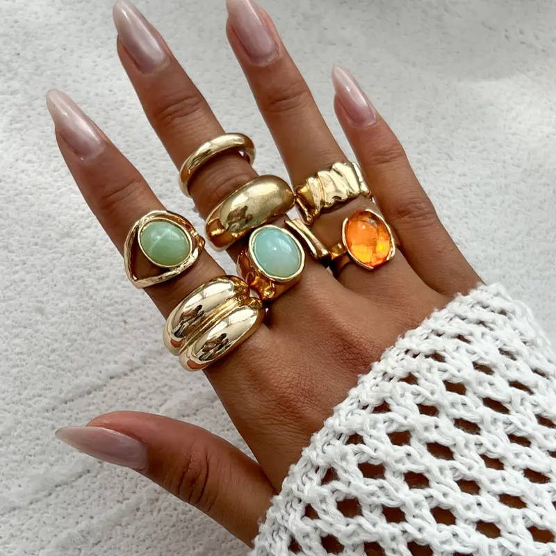 7-Piece Vintage European Style Gemstone Embedded Ring Set, Irregular Thick Metal for Ladies Parties and Daily Wear, Statement Rings, Statement Multi Ring, Stackable Ring Set, Fashion Stackable Rings