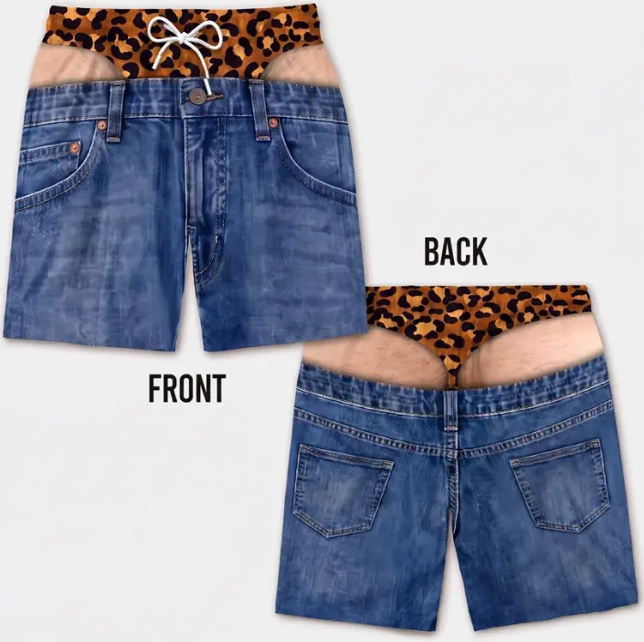 Men's Hawaiian Swim Trunks, Tropical Beach Board Shorts, Funny Leopard Waist, Palm Tree Surf Van Print, Drawstring Summer Swimwear