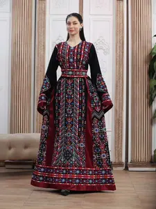 Elegant palestinian embroidered thobe dress -tatreez-maxi traditional long sleeve dress -black and burgandy- white navy