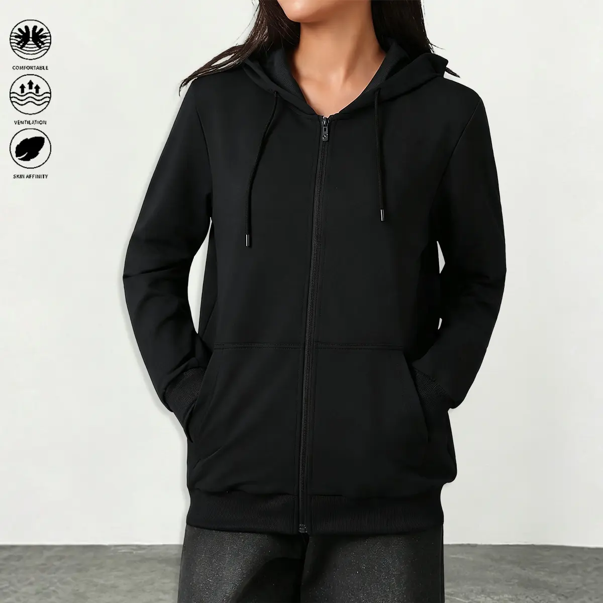 Women’s hooded sweatshirt with a cardigan design, solid color, kangaroo pocket; suitable for outdoor sports, fitness, running, yoga, and casual wear. Women’s sweatshirt, women’s outerwear top, womenswear.