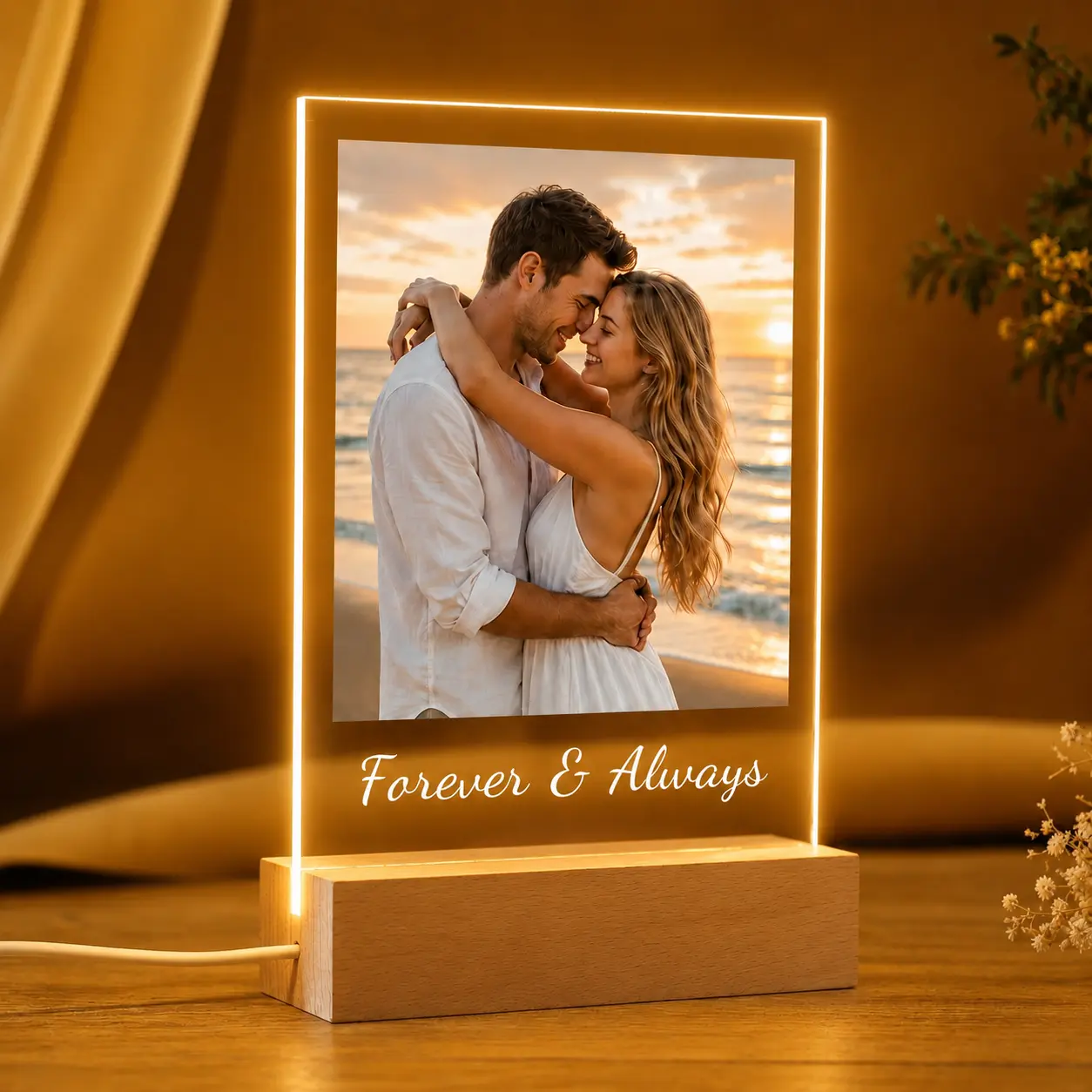 Orivox Modern Decorative Wooden Rectangular Acrylic USB-Powered Light-Up Custom Picture Frame - 6x9 in Desk Display, Personalized Photo & Text, Home Decor Gift for Couples