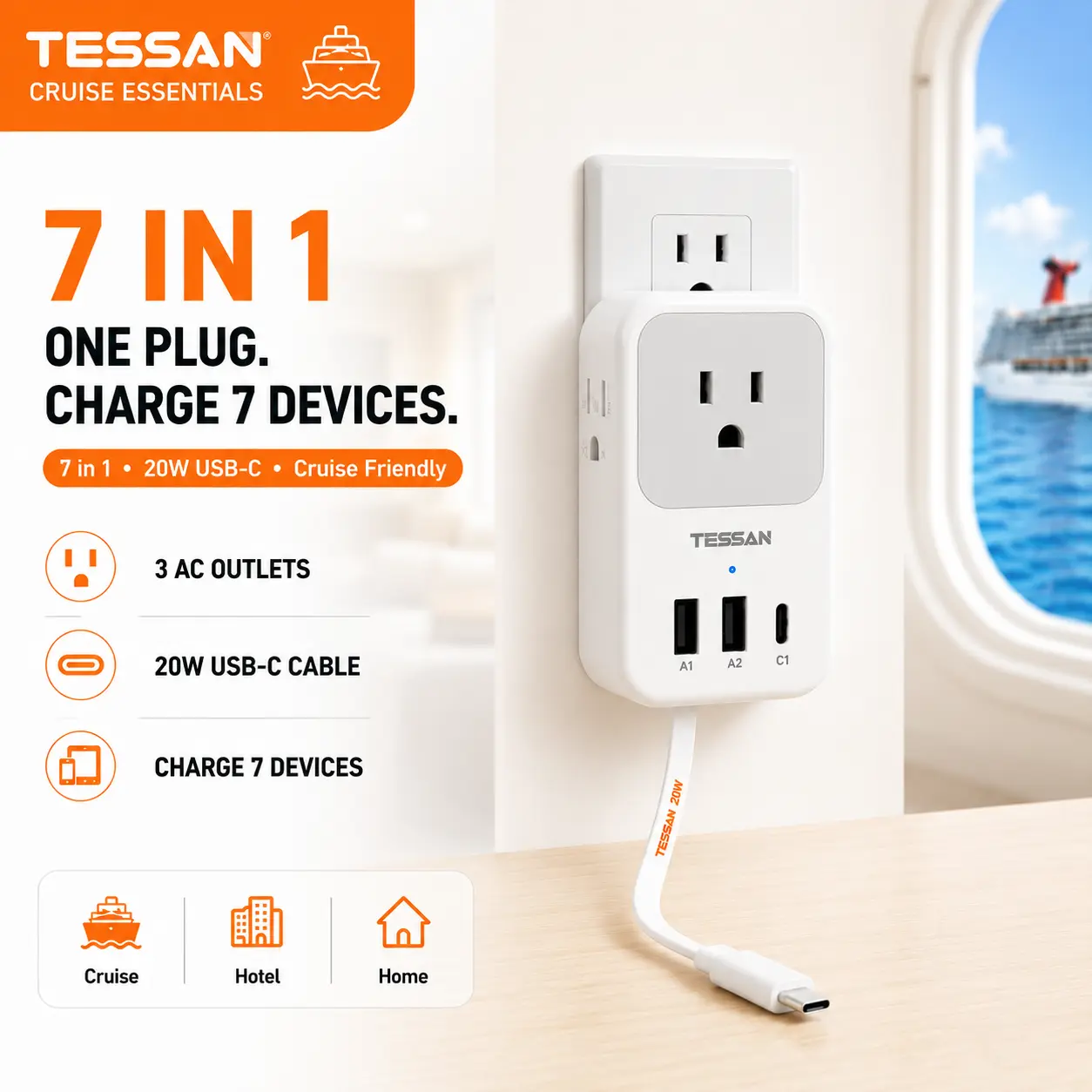 【TESSAN USB C Charger Block】7-in-1 Wall Outlet Extender with Retractable USB-C Cable, 3 USB Ports, Multi Plug Adapter, Travel Essentials, Cruise Essentials & Travel Accessories for Cruise Ship, Hotel, Vacation, Dorm & Office