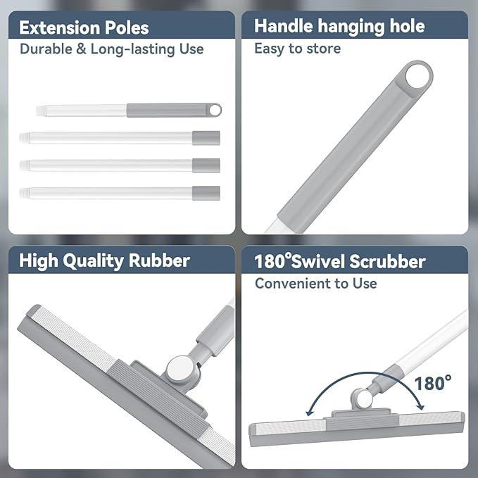 Floor Squeegee with 44.49'' Long Handle - 180° Rotating Head, Squeegee for Floor | Squeegee Broom | Squeegee for Window Cleaning | Bathroom Tile | Deck, Cleaning Essentials
