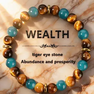Green Stone & Tiger Eye Beaded Elastic Bracelet, Costume Jewelry for Wealth & Good Luck, with Premium Gift Box