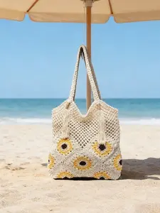 2026Sunflower Crochet Woven Beach Tote Bag, Hollow Mesh Straw Shoulder Bag, Large Capacity Vacation Handbag for Women, Summer Aesthetic Casual Tote