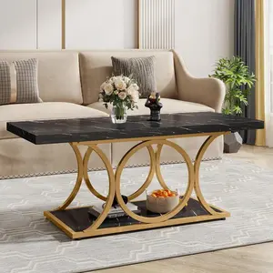 Rectangle Coffee Table, 47.24-inch Modern Coffee Tables for Living Room, 2-Tier Faux Marble Wood Coffee Table with Geometric Metal Legs, Home Furniture with Storage Shelf