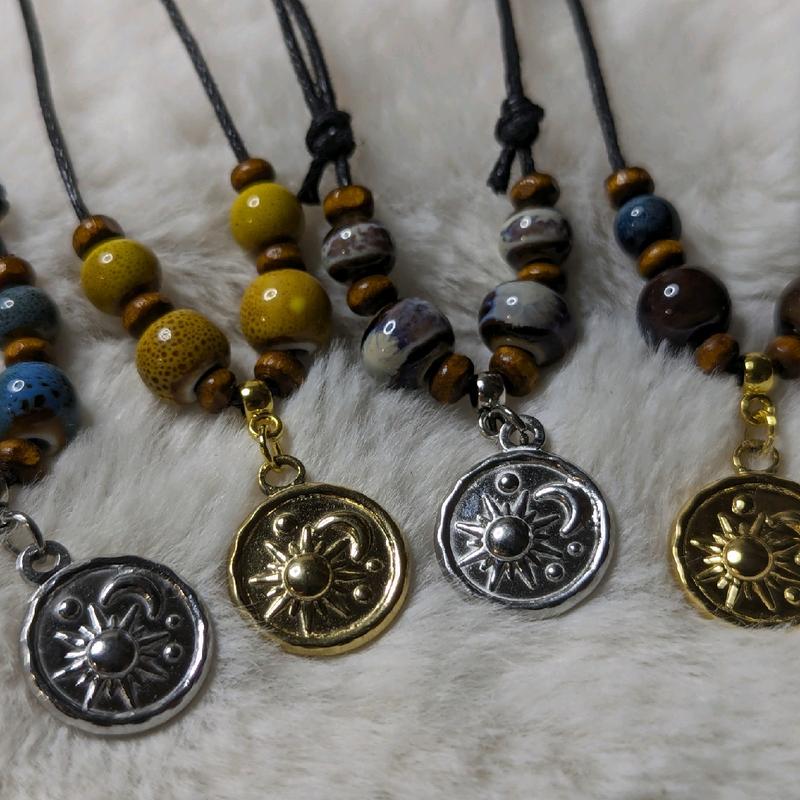 Ceramic Beaded Silver or Gold Moon & Sun Charm Boho Hippie Whimsical Adjustable Black Rope Cord Choker Stacking Necklace
