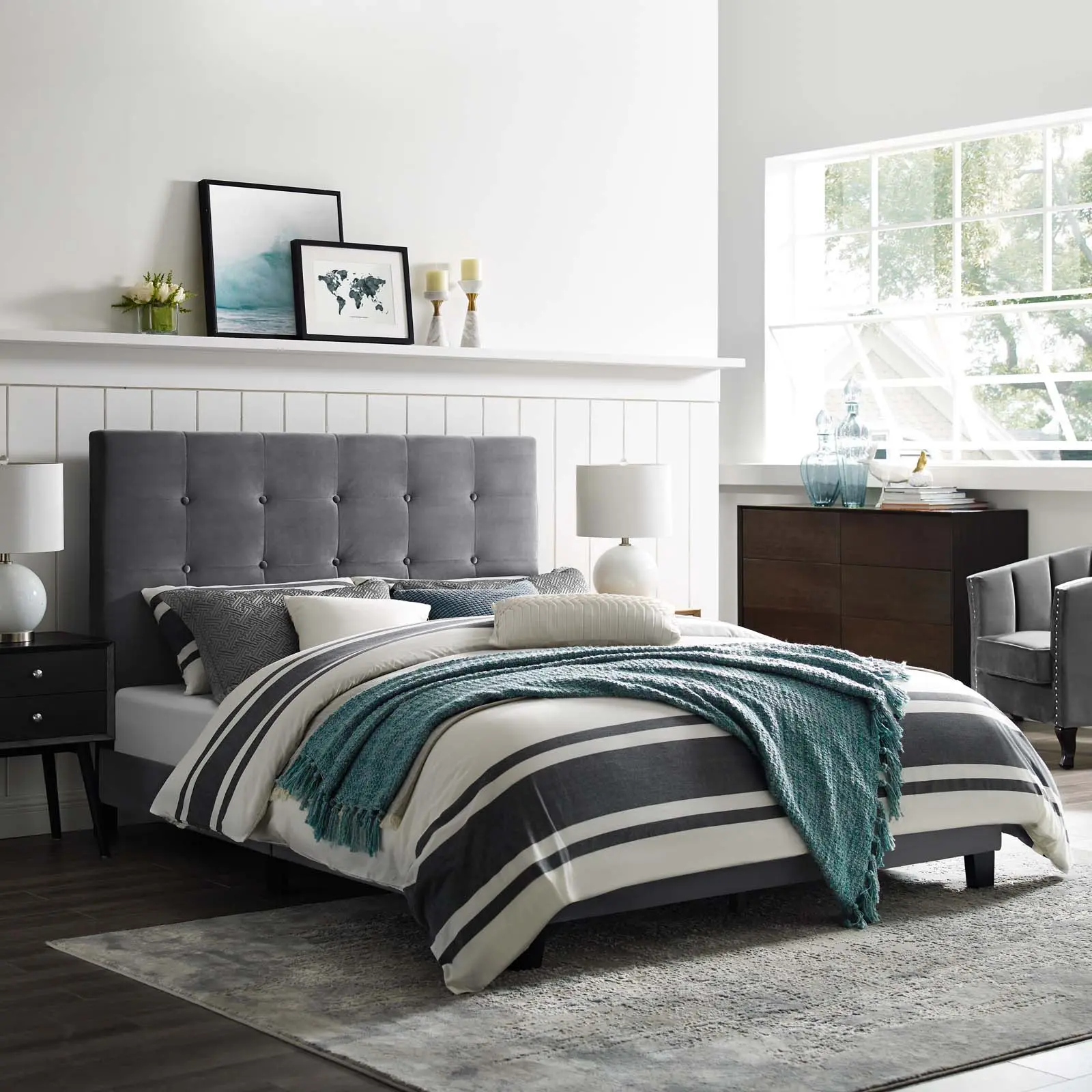 Modway Melanie Queen Modern Platform Bed, Tufted Button Upholstered Performance Velvet Bed Frame with Tufted Headboard in Gray, Upholstered Wood Bed