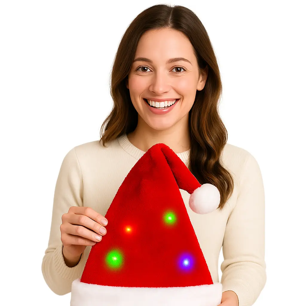 Light-Up Santa Hat for Christmas Red & White Plush Trim One Size Fits Most Soft Plush Material LED Lights Perfect for Parties Costumes Holiday Photos Events & Gifts Festive Xmas Accessory