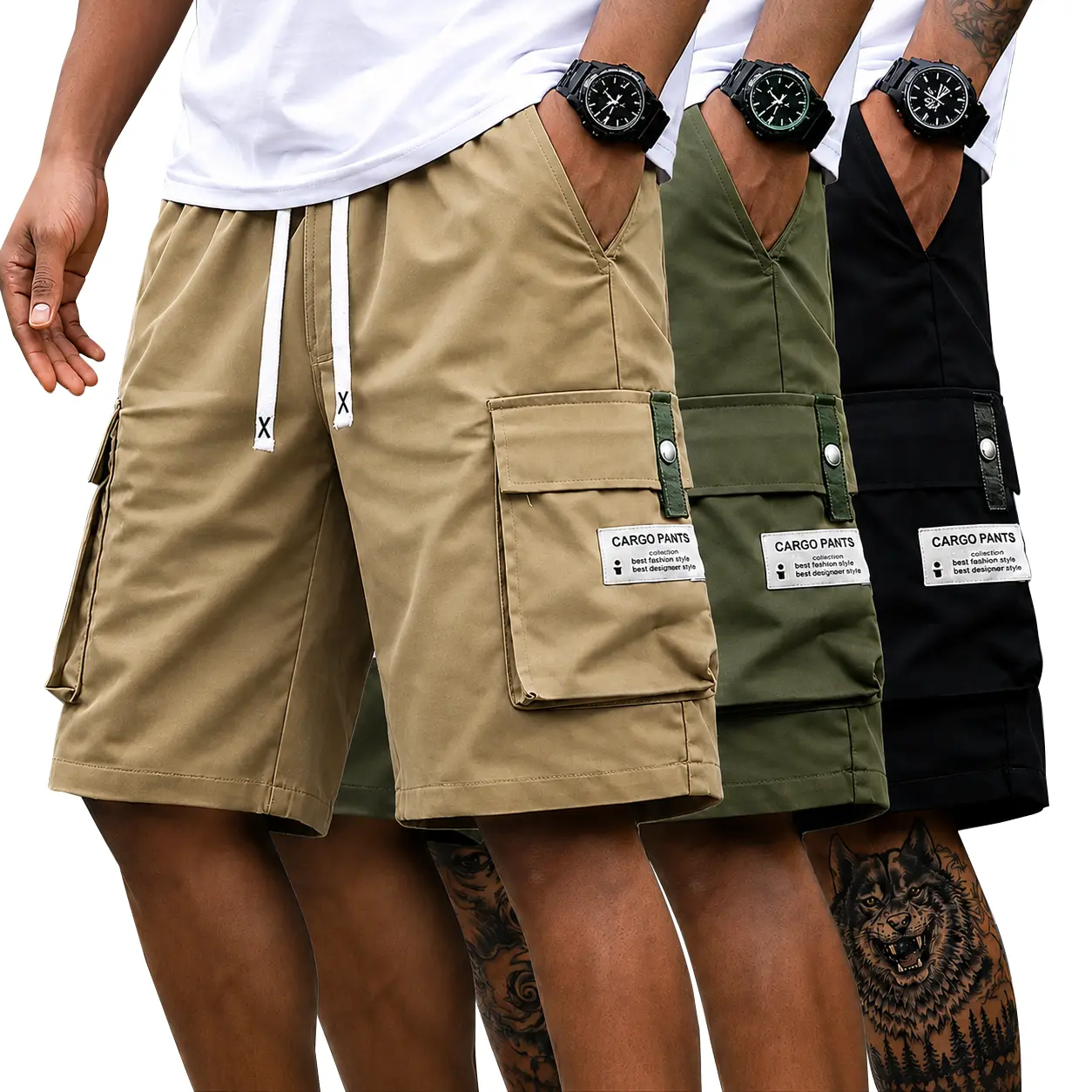 Men's 3-Pack Loose-Fit Bermuda Shorts - Mid Waist Elastic Band, Cargo Pockets, Plain Minimalist Solid Color, Figure-Flattering, Easy to Match, Washable, Suitable for Outdoor Activities, Loose-Fitted, Pocketed, Loose-Fitted Men's Shorts, Pocketed Men's Sho