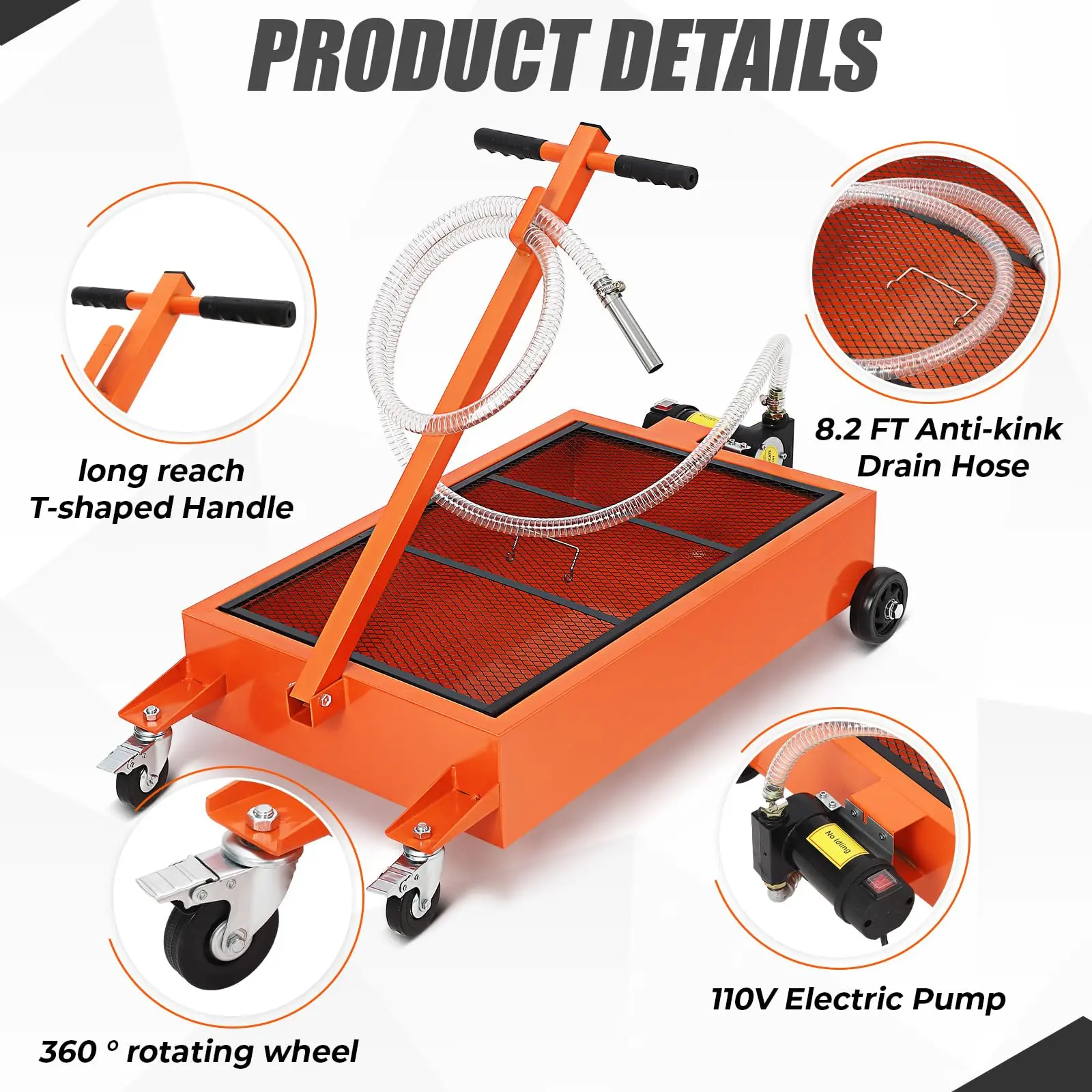 Low Profile 15-Gallon Electric Oil Drain Pan Cart – Includes 110V/12V Pump, 8 ft Hose, Folding T-Handle & Rolling Wheels – Ideal for Cars, Trucks, SUVs, RVs, Buses – Perfect for Oil Changes and Collection
