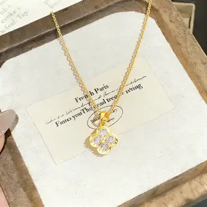 4 Leaf Clover Gold Necklace for Women - Sparkling Zircon Dainty Herringbone Chain, Good Luck Charm Jewelry, Perfect Birthday/Anniversary Gift