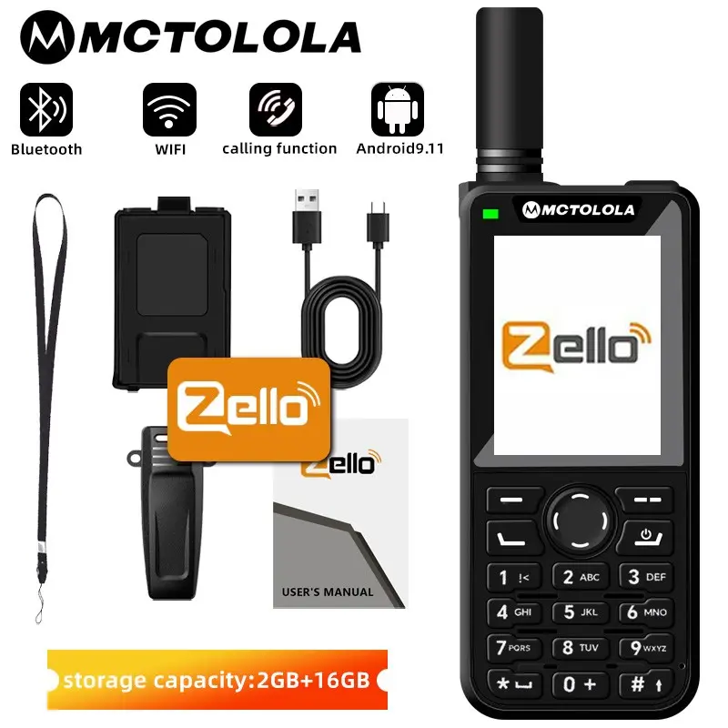 Zello Poc 2g 3g 4g Handheld Walkie Talkie with 2.4 Inch Display, Android 9.0, Supports Calling, Bluetooth-compatible, Wi-Fi, 2+16GB Memory, Rechargeable Walkie Talkies