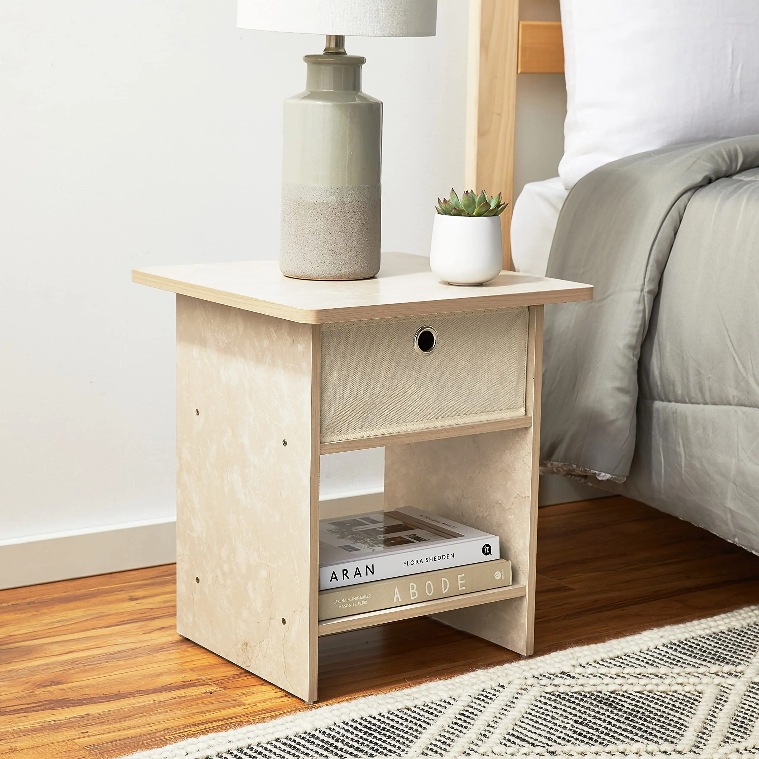 2-Piece Cream Faux Marble-Ivory DARIO End Table Nightstand Bundle, Assembled-Easy Child-Safe Combo with Storage Shelf, Bin Drawer, Ideal for Bedrooms, Living Rooms, Assembled End Tables, Bundle End Tables
