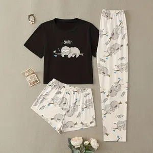 JointlyCreating Women's 3-Piece Lightweight Soft Cartoon Sloth Print Pajama Set - Crew Neck Tee, Shorts, Trousers - Everyday Summer Casual Comfy Sleepwear & Loungewear Womenswear Love Homewear Pjs