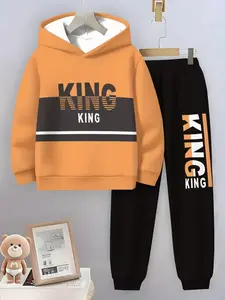 Boys' Letter Print Patchwork 3D Printed Casual Hoodie Short Length Pants Set, Outdoor Wear, Fitted Style, All Seasons, Geometric Pattern