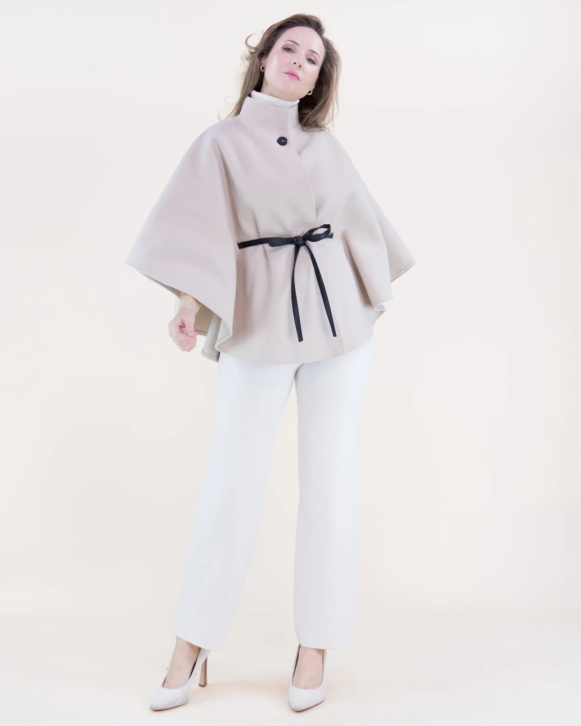 Funnel Neck Faux Leather Belt Cape