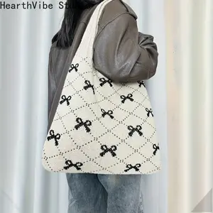 Cute Bowknot Knitted Fabric Tote Bag - Spacious, Stylish, And Aesthetic Shoulder Bag with No-Closure Design - Perfect for Womens Daily Use
