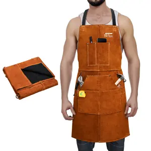 ARCCAPTAIN Leather Welding Work Apron 24" X 36" Heat Flame Resistant Cowhide Blacksmith Aprons with 6 Tool Pockets for Welders Men Women, Adjustable M to XXXL-Brown