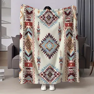 Native American Style Geometric Pattern Flannel Blanket - Cozy and Soft, Vibrant Earth Tone Design, Warm and Pilling Resistant, Machine Washable, Plush Shawl, Bed Blanket, Sofa or Air Conditioning Blanket, Suitable for Napping, Camping, Travel