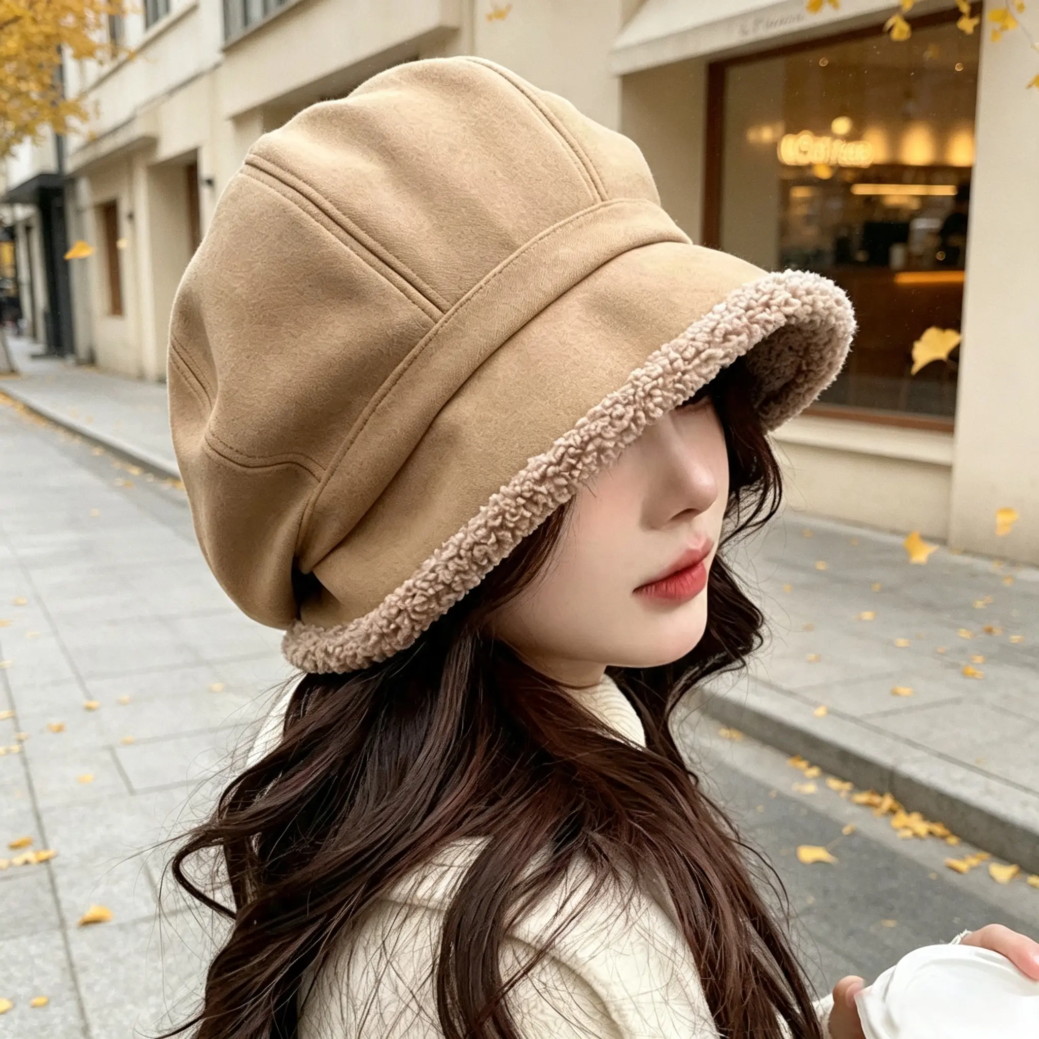 Women's Japanese Style Fleece-Lined Lamb Wool Ear-Covered Wide-Brim Bucket Hat - Warm Autumn/Winter Sports & Outdoor Accessory
