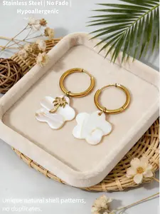 Flower Shell Palm Tree Earrings | Stainless Steel Non-Fading Natural Shell Material | Minimalist Design Vacation Jewelry | Boho Beach OOTD Accessory