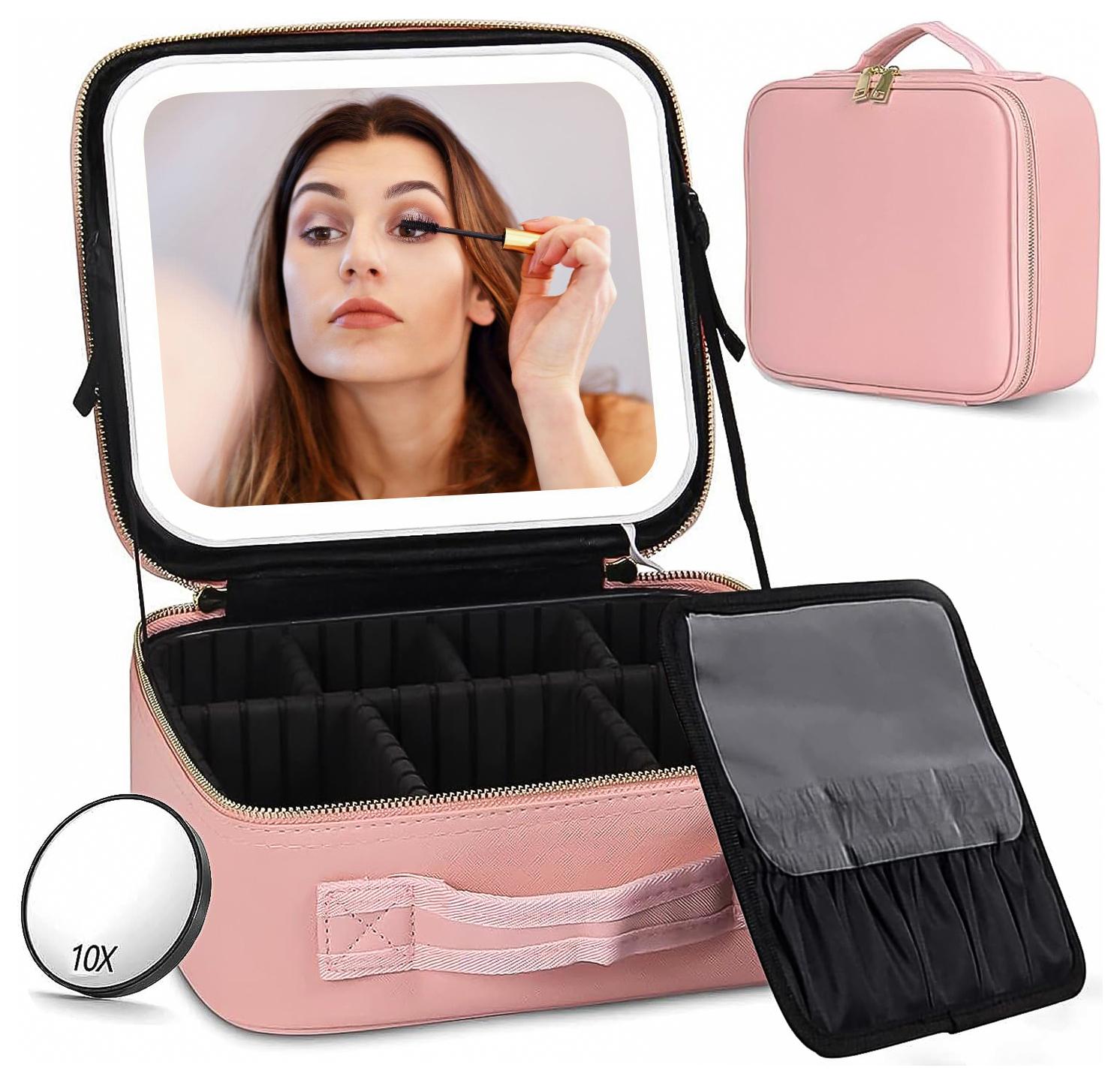 Makeup Bag with Mirror and Light Travel Makeup Train Case Cosmetic Bag Organizer Portable Artist Storage Bag with Adjust